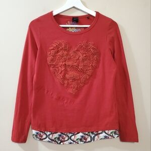 Desigual - Long Sleeve Top with Lace Heart & "Beautiful Is Different" Text - M